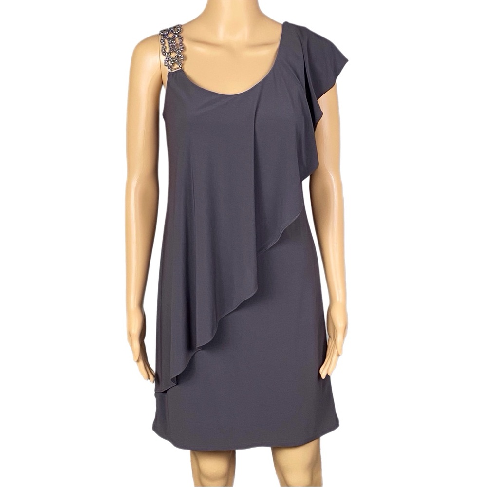 Betsy & Adam gray Embellished One Shoulder Popover Cocktail Dress stretch Size 4 - Picture 2 of 12
